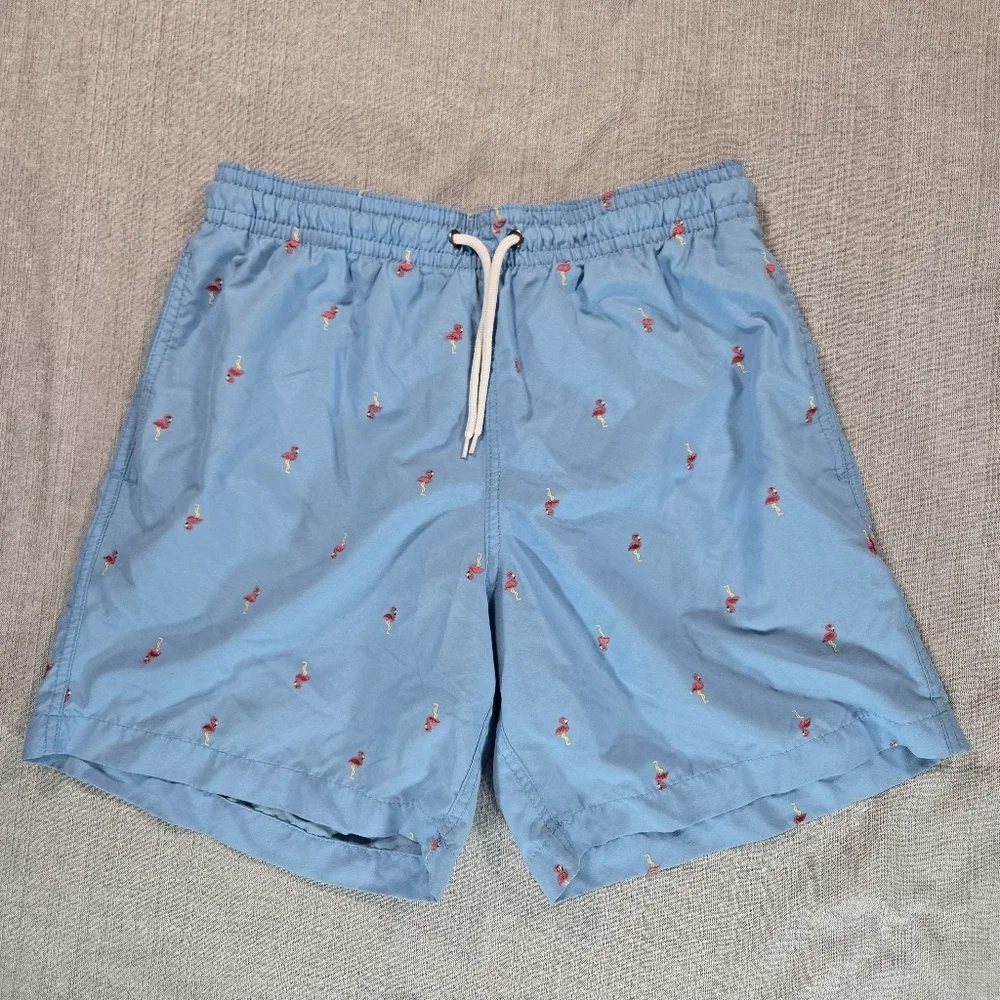 Surf Style Mens Medium Embroidered Flamingo Swim Shorts Trunks Beach Pool EUC